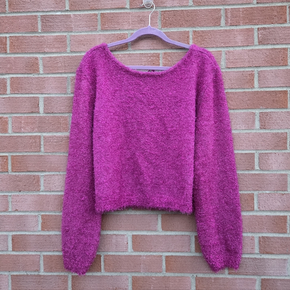 By Anthropologie Eyelash Pullover Cropped Sweater Metallic Pink Size Large - Picture 3 of 7